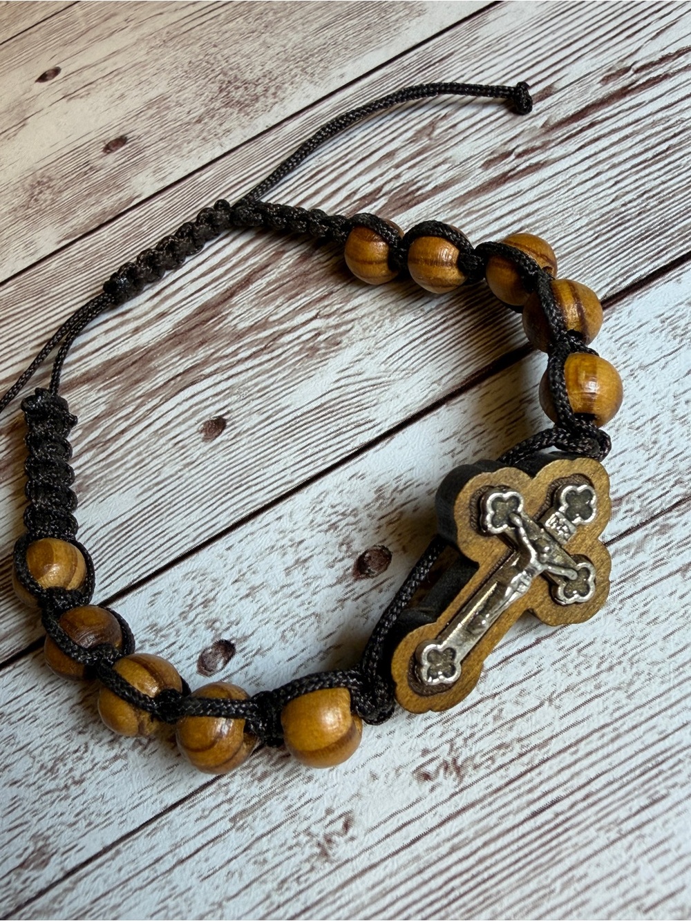 Olive Wood Bead Cross Bracelet with Black Cord